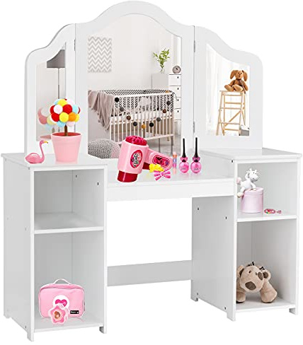 GOPLUS Sminkbord för barn, prinsessa, toalettbord med avtagbar spegel, kosmetiskt trä (vit-utan låda och stol)