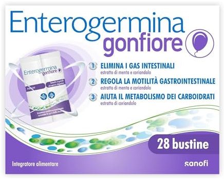 Enterogermina Gonfiore, Fermenti Lattici Probiotici, Prebiotici per Adulti - Integratori con Enzimi Digestivi ed Estratti Vegetali contro Pancia Gonfia e Gonfiore Addominale (28 Bustine Gusto Pesca)