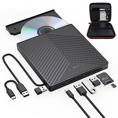 ORIGBELIE Externes DVD Laufwerk, ultraflacher CD-Brenner USB 3.0 mit 4 USB-Anschlüssen und 2 TF/SD-Kartensteckplätzen, Externes CD Laufwerk für Laptop Mac PC Windows 11/10/8/7 Linux OS mit Tragetasche