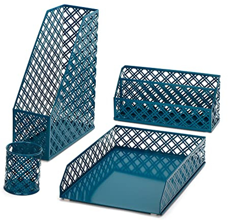 Exerz Desk Organiser 4 Pieces/Office Set/Desktop Metal Mesh Filing Including: A4 Letter Tray x 1, A4 Magazine Rack/Upright Document Holder x 1, Letter Sorter x1, Pen Holder x 1 (Aegean Blue)