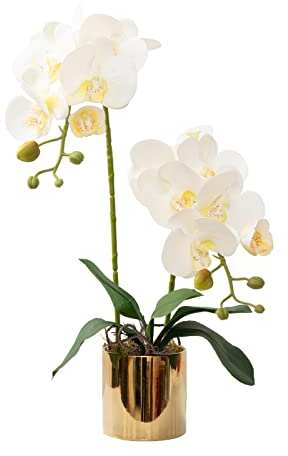 Artificial Orchid Flowers White Faux Orchids with Ceramic Vase Vivid Fake Phalaenopsis Flower Arrangement Gorgeous Artificial Plants for Office Desk Wedding Party Exhibition Center & Home Table Decor
