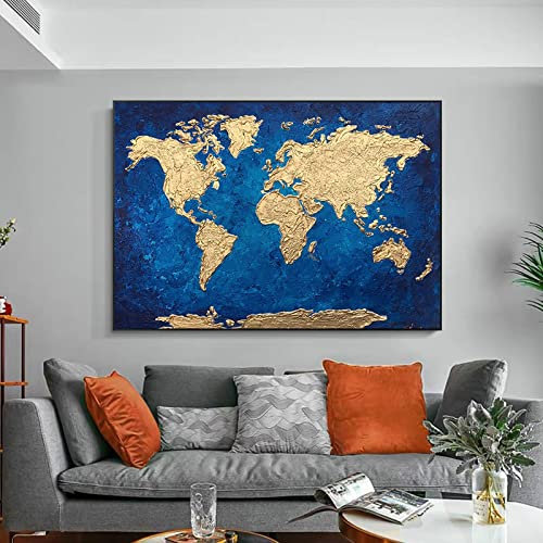 Abstrakt vintage guldglob Världskarta Oljemålning Affischtryck Canvaskonst Väggbild Kontor Vardagsrum Inredning 70x100cm Ramlös