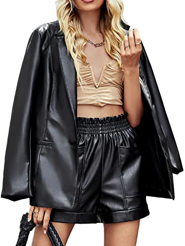 Giolshon Chaqueta de Cuero Sintético para Mujer Abrigo Corto de Motociclista de Otoño Elegantes Chaquede Cuero 21002 Negro S