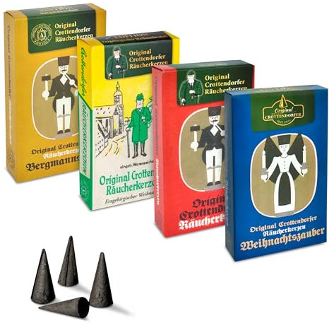 Crottendorfer Räucherkerzen 4er Set Nostalgie mit 24 ST pro Packung, Räucherkegel Größe M, Duftvarianten Erzgebirgischer Weihnachtsduft, Weihnachtszauber, Weihnachtlicher Weihrauch & Bergmannsduft
