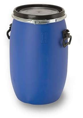 kanister-vertrieb® 60 L Weithalsfass, Deckelfass mit Spannring, dicht verschließbar blau, grün, schwarz (Blau) + Etikett