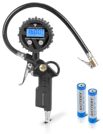 STAHLWERK Digitale Druckluft-Reifenfüllpistole DRD-16 ST | Druckluft Reifenfüller mit digitalem Manometer | Reifendruckprüfer für PKW, LKW, Motorrad, Fahrrad | Messbereich 0-16 Bar / 0-232 PSI