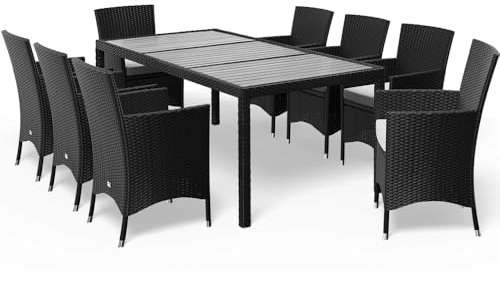 Casaria® Gartenmöbel Polyrattan 8 Stühle Stapelbar 190x90cm Gartentisch WPC Holz Wetterfest Outdoor Terrasse Sitzgruppe Essgruppe Garnitur Set Schwarz