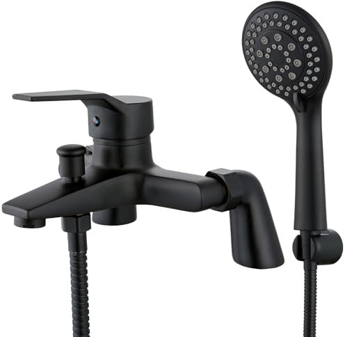 Eovem Robinet de baignoire avec fixation de douche en laiton à levier unique pour salle de bain - Robinet de baignoire carré noir - 180 mm