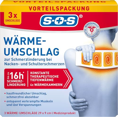 SOS Wärme-Umschlag (3er Pack) - Schmerzlinderung bei Muskel- & Gelenkschmerzen, Beschwerden im Nacken & Schulterbereich - löst Verspannungen - bis zu 8 Stunden Wärme