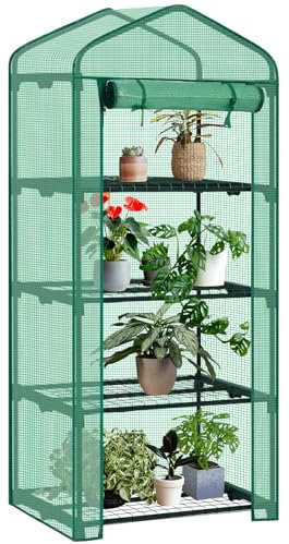AMHANCIBLE Gewächshaus, Foliengewächshaus mit 4 Regale, 69x49x158cm, Tomatengewächshaus mit PE Folie und aufrollbare Tür, für Balkon Terrasse Garten, stabil, platzsparend, Grün EGWH04GR