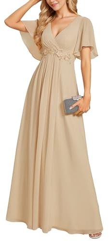 Ever-Pretty Women's Chiffon V Neck Short Sleeves Appliques Prom Evening Dresses Champagne 24UK
