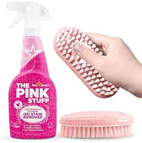 Pink Stuff Miracle Laundry Oxi Stain Remover Spray 500ml + Laundry Brush | Tough on Stains, Gentle on Fabrics | Whites & Colours | Fresh Clean Scent | Clothes, Bedding, Baby, Pet, Food Stains