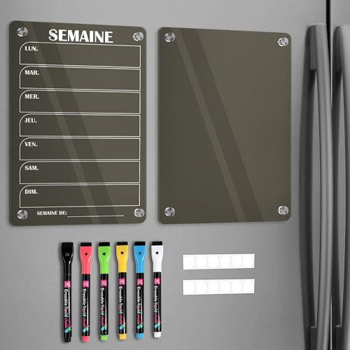 BIROYAL Planificateur hebdomadaire 2 Set, Planning Semaine, Acrylique Calendrier Magnetique Frigo, 30 x 20 cm Tableau effacable, Comprend 6 Couleurs de Marqueurs (Marron)
