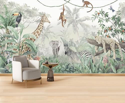 MWSSEGGE Carta da parati Panoramica Giungla Carta da parati Animali Tropicali Carta da parati in tessuto non tessuto, motivo giraffa, elefante, scimmia, leopardo, carta da parati per cameretta dei