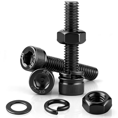 NZNSML 80 Pcs Hex Socket Head Cap Screws Nuts and Bolts M2 x 16 mm Black Socket Screws Carbon Steel Full Threads Allen Bolts with Nuts and Washers for Repair Bicycle Home DIY