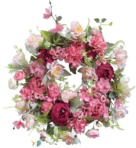18 Inch Spring Wreaths for Front Door, Artificial Peony & Hydrangea Floral Front Door Wreath Outside Pink Floral Door Wreaths for Front Door Outside with Grapevine, Decorative Handmade (Pink)