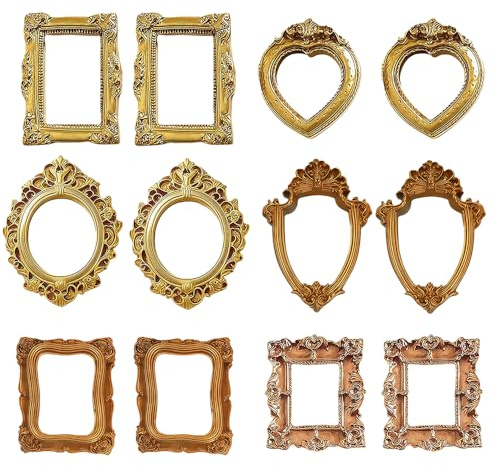 YEJAHY 12 mini marcos de fotos vintage de resina, marco en miniatura dorado barroco, pequeño marco para manualidades, marcos de fotos DIY para accesorios de fotos, sin cristal
