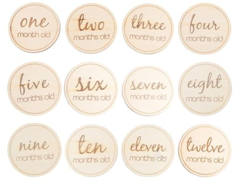 Levemolo Monthly Milestone Cards Keepsake with Creative round Design 12pcs Beige Wood Photography Props for Newborns for Photography and Social Media Sharing
