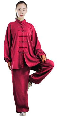 G-LIKE Tai Chi Uniform Anzug - Traditionelle Kampfkunst Taiji Kung Fu Qigong Wushu Wing Chun Shaolin Training Klassische Kleidung Lange Ärmel für Männer Frauen - Baumwolle Leinen (Rot, XXL)