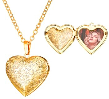 U7 Collier pour Femme Photo Personnalisé Plaqué Or Jaune Pendentif Médaillon Coeur Motif Fleur avec Chaîne Réglable 50+5cm