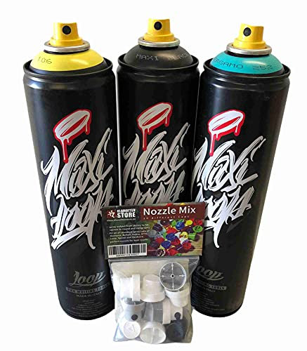 KLAMOTTEN STORE Sprühdosen Set Maxi Loop 3x600ml, Schwarz - Gelb - Türkis - Farbspray Nitro Acryl Lack, hohe Deckkraft
