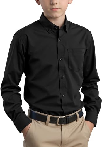 Spring&Gege Camisa de un solo color para niños con cuello abotonado Uniforme escolar casual para niños de algodón, Negro , 11-12 años