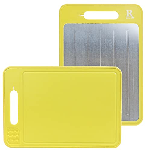 Cutting Board with Defrosting Tray by Reston Lloyd, Includes a Zester, Knife Sharpner, and Handle, Color: Lemon