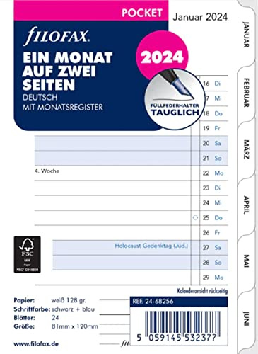 FILOFAX 24-68256 - Inserto per calendario 2024, 1 mese, 2 pagine, colore: Bianco