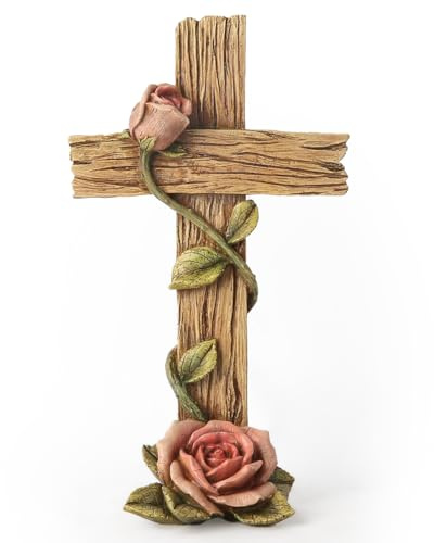 BC Home Decor 8.25 H Rose Standing Cross, Wood Carve Looking Rustic Décoration for Home, Spring Garden Decor, Mother Day's Gift, Handpainted by Buildclassic