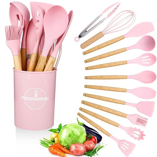 Set di utensili da cucina in silicone, 12 pezzi, con manico in legno, antiaderenti, set di utensili da cucina in silicone, resistenti al calore, resistenti al calore, colore rosa