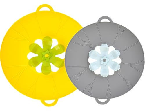 Spill Stopper Lid Cover, 2Pcs Silicone Pan Lid 10.2 &11.5 Splatter Guard Pots Boil Over Safeguard Multi-Function Kitchen Tool Kitchen Gadgets (Grey+Yellow)