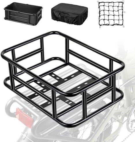 PIREKZUNT Bike Basket, 16.5X12.6X6 Ebike Rear Basket with Liner,Waterproof Cover,Cargo Net Large Rear Removable Metal Bike Basket, Heavy Duty E Bike Rear Basket