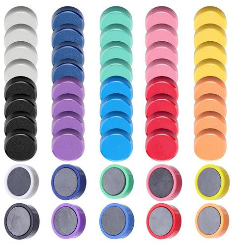 Lot de 50 aimants puissants multicolores pour réfrigérateur - Pour casier, tableau magnétique, photo, bureau, école, tableau (10 couleurs)