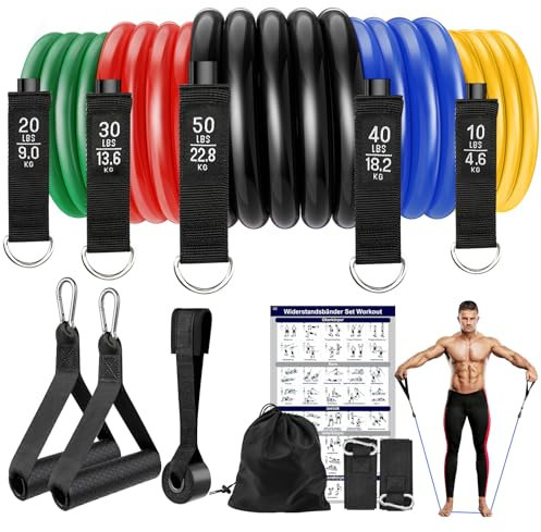Fokky Fitnessbänder, 5er Set Resistance Bands, Widerstandsbänder 5 Widerstandsstufen mit Türanker, Griffe,Knöchelriemen, Ideal für Yoga, Pilates, Muskelaufbau, Gymnastikband für Männer Frauen
