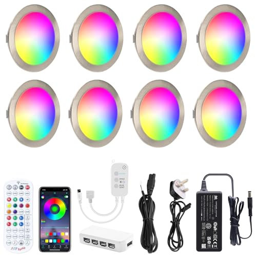AIBOO RGB Under Cabinet Kitchen Lights 8 Pack,Downlights for Ceiling Colour Chang,Smart Under Cupboard Kitchen Lights Dimmable with Remote,Under Cabinet Light LED with Plug in or Hardwired