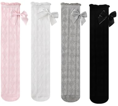 Toptim Little Girl's Knee High Socks Over Calf Kids Overknee Stockings Bow Style (2-12 Years, Rhombus-4Pairs)