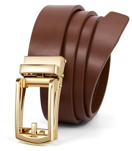 JasGood Automatik Ledergürtel Damen Ratschengürtel für Jeans Hosen Kleider Verstellbarer Ohne Löcher Damen Gürtel mit Goldfarbener Schnalle 30mm Breite,Kaffee,105cm