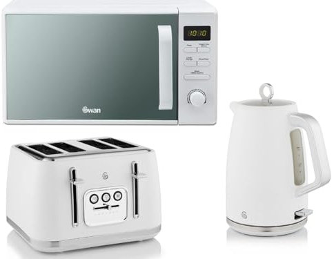 Swan Serenity White 1.7L 3KW Kettle, 4 Slice Toaster and 20L 800W Digital Microwave SM4421WHT. Contemporary Design Matching Swan Kitchen Set in a Matt White Finish