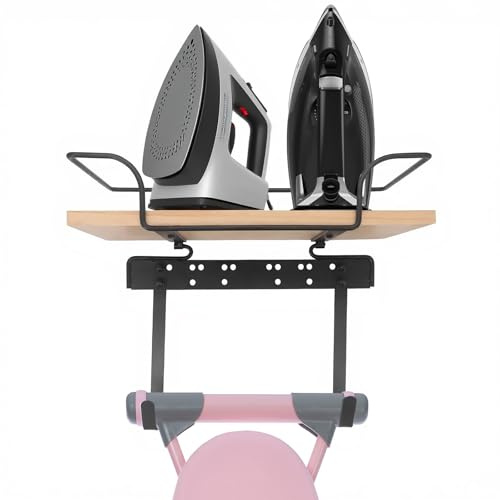 Support mural pour planche à repasser, support de rangement pour fer et planche à repasser, base en bois et crochets réglables, pour buanderie