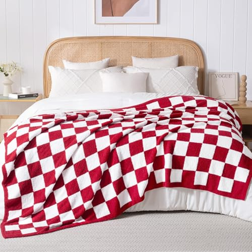 Exclusivo Mezcla Manta de Cuadros, Suave y Ligera, Reversible para Sofá y Cama, Todas Las Estaciones, 220 x 240 cm, Rojo Oscuro
