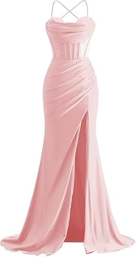 Abiti da sera in raso con collo a camicia, spalline sottili e perline, abito da damigella d'onore a sirena con pieghe e fessure, rosa, XXS