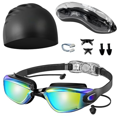 Joyance Lunettes de Natation Adultes, Bouchons D'oreille Monobloc, WT500 Plaqué or Lunettes Piscine Adulte avec Pont Nasal Interchangeable, Anti-buée, Protection UV, Étanches pour Hommes et Femmes