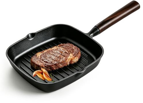 BYZESTY non-stick grillpanna, 22 x 22 cm fyrkantig grillpanna av gjutjärn, steakpanna induktion med trähandtag och pip, kvadratisk panna för induktion, ugn och grill