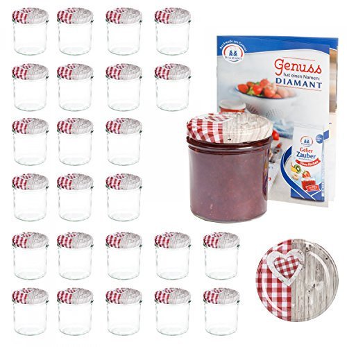 MamboCat 25er 350 ml Sturzglas-Set | Einmachgläser + Twist-Off-Deckel Holz-Herz rotkariert + GRATIS Rezeptheft | einkochen & konservieren | Vorratsgläser | backofengeeignet