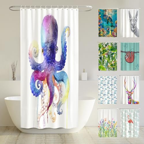 arteneur® - Wasserfarben Tintenfisch - Anti-Schimmel Duschvorhang 120x200 - Recycelt mit Öko-Tex Standard 100 - Beschwerter Saum, Blickdicht, Wasserdicht, Waschbar, 8 Haken & E-Book