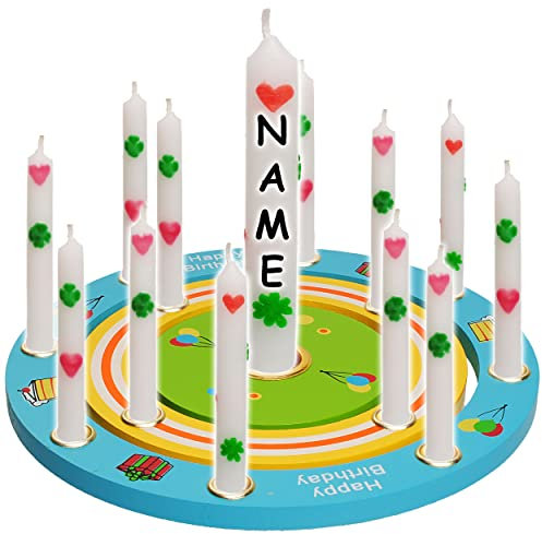 alles-meine.de GmbH 3 TLG. Set: Geburtstagsring/Geburtstagskranz - aus Holz + 22 Kerzen mit Lebenslicht - inkl. Name - für Zahlenstecker - 19 cm - Kinder bunt/blau - gelb - g..