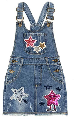 Peacolate 4-10 Anni Piccola Grande Ragazza Gonna con Bretelle Denim Stelle Ricamate con Paillettes Vestito(9Anni, Stella)