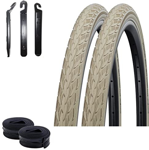 Angebot-Set / 2 x Schwalbe Delta Cruiser Plus 28 Fahrradreifen Fahrradmantel mit Reflex in Creme 40-635 (28 x 1 1/2) + 2 Schwalbe Schläuche SV17 lang (60 mm) inkl. 3 Reifenheber