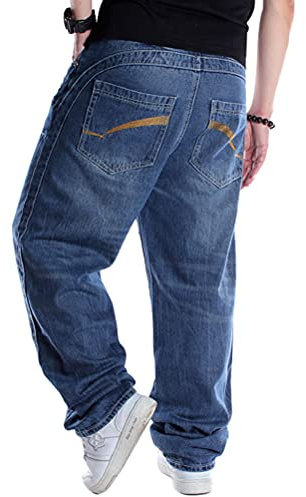 ORANDESIGNE Homme Hip Hop Jeans Style Hipster Graffitis Impression Baggy Jeans Urbain Skate Denim Pantalons Lâche Fit Jambe Droite Cargo Pantalon Rétro Broderie Pantalon F Bleu Foncé 3XL