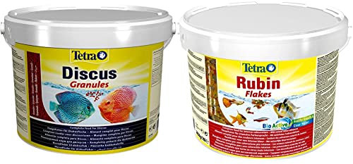 Tetra Discus Granules - Fischfutter für alle Diskusfische, fördert Gesundheit, Farbenpracht und Wachstum, 10 L & Rubin Flakes - Fischfutter in Flockenform mit natürlichen Farbverstärkern, 10 Liter